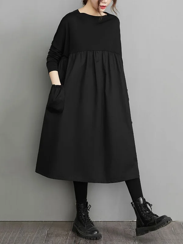 Effortless Elegance: Loose Black Midi Dress with Split-Joint and Long ...