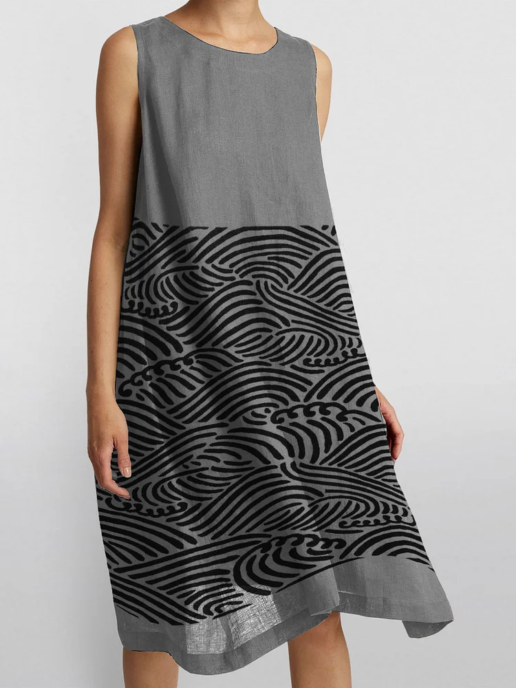 Cotton Linen Surf printed linen Sleeveless Midi Dress