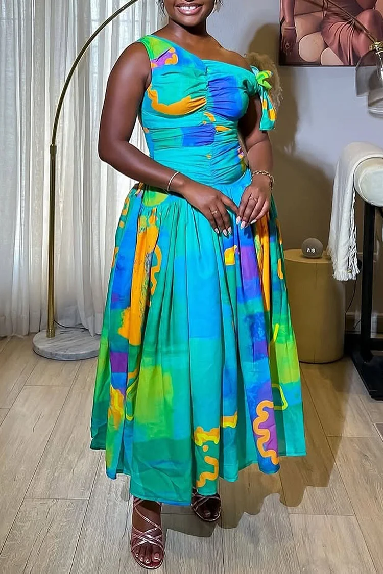 Plus Size Wedding Guest Multicolor Elegant All Over Print Asymmetrical Collar Tummy Control Maxi Dresses [Pre-Order] 2024 - Xpluswear