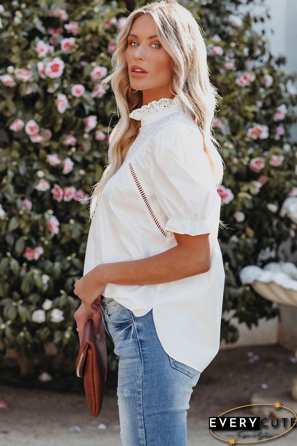 White Frilled High Neck Eyelet Pattern Puff Sleeve Top