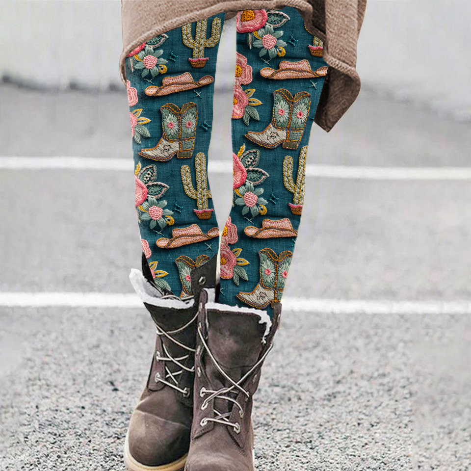  Vintage Western Embroidery Boots Art Printed Casual Leggings Westsshops