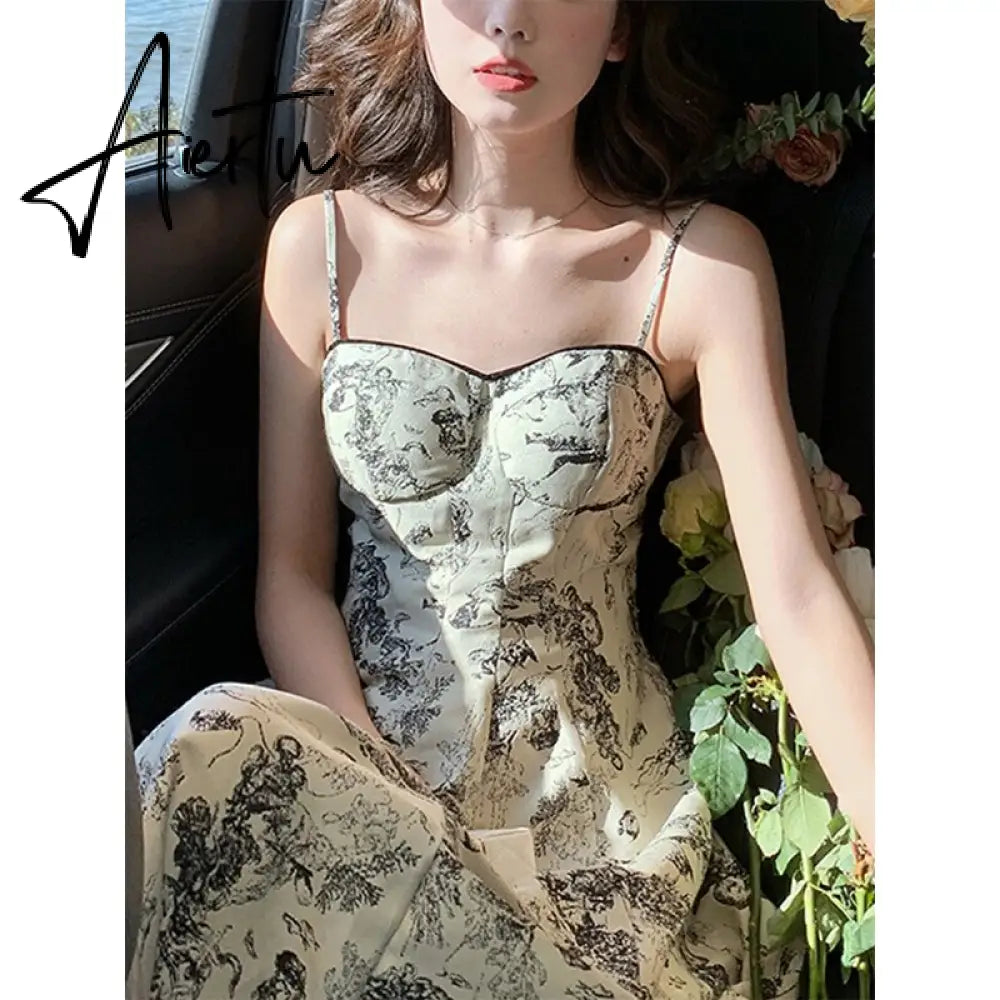 French Vintage Midi Dress Women Casual Elegant Floral Strap Dress Party Even Office Lady Slim One Piece Dress Korean Summer Aiertu
