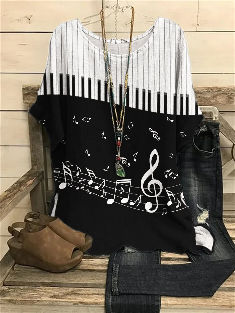 Music Notes & Piano Keys Contrast Woven Tunic