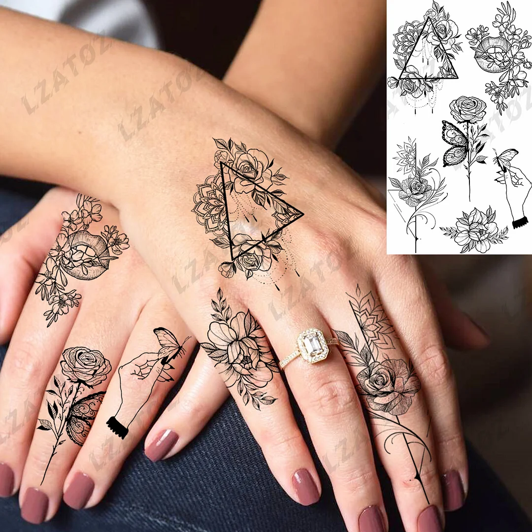 Sdrawing Eye Flower Temporary Tattoos For Woman Adults Rose Butterfly Tiny Fake Tattoo Sticker 3D Finger Waterproof Tatoos