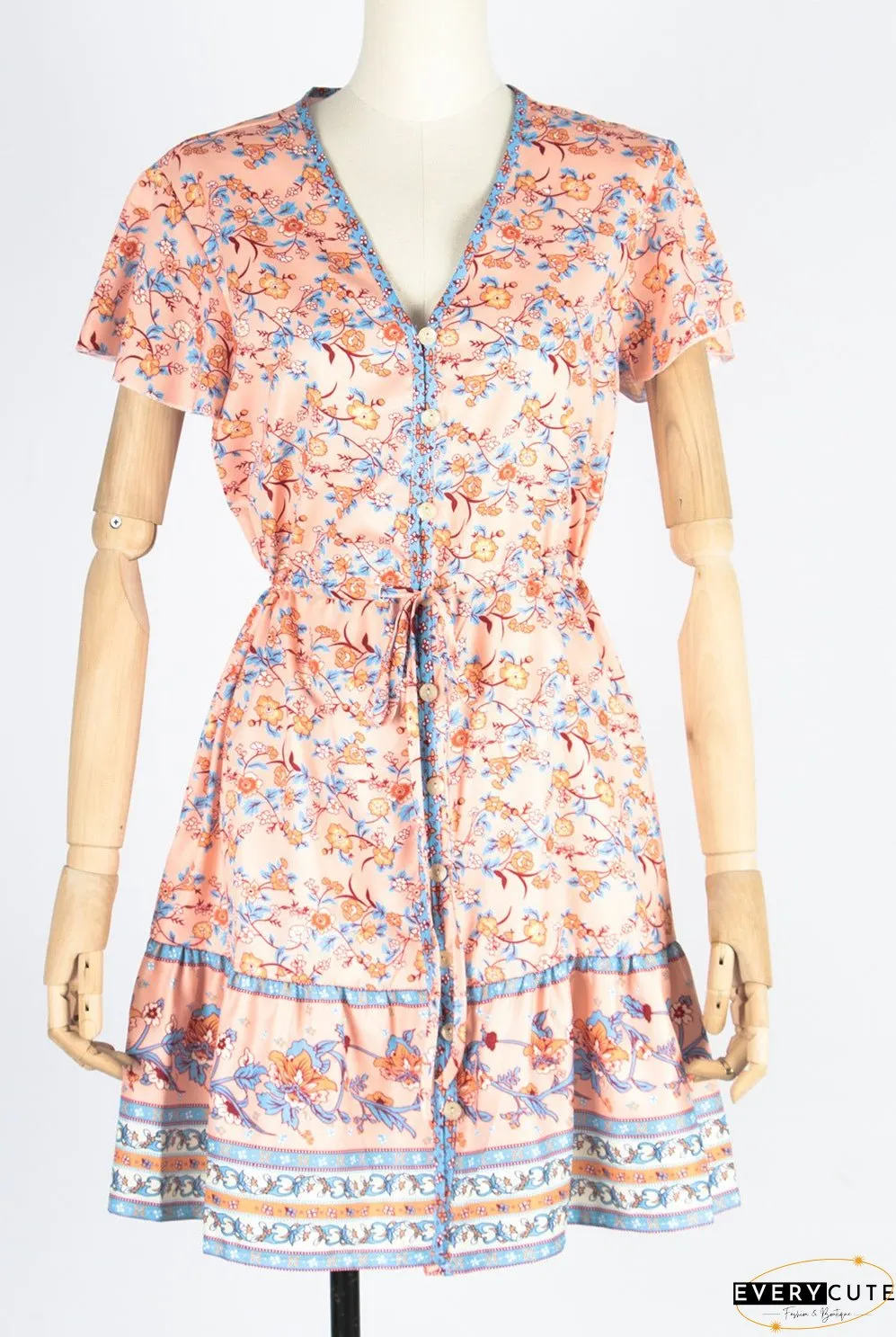 Spring and Summer New Beach Skirt V-Neck Short Sleeve Bohemian Dress