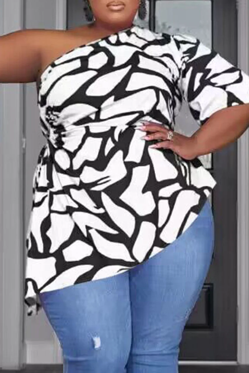 White Casual Print Bandage Hollowed Out Patchwork Asymmetrical Oblique Collar Plus Size Tops