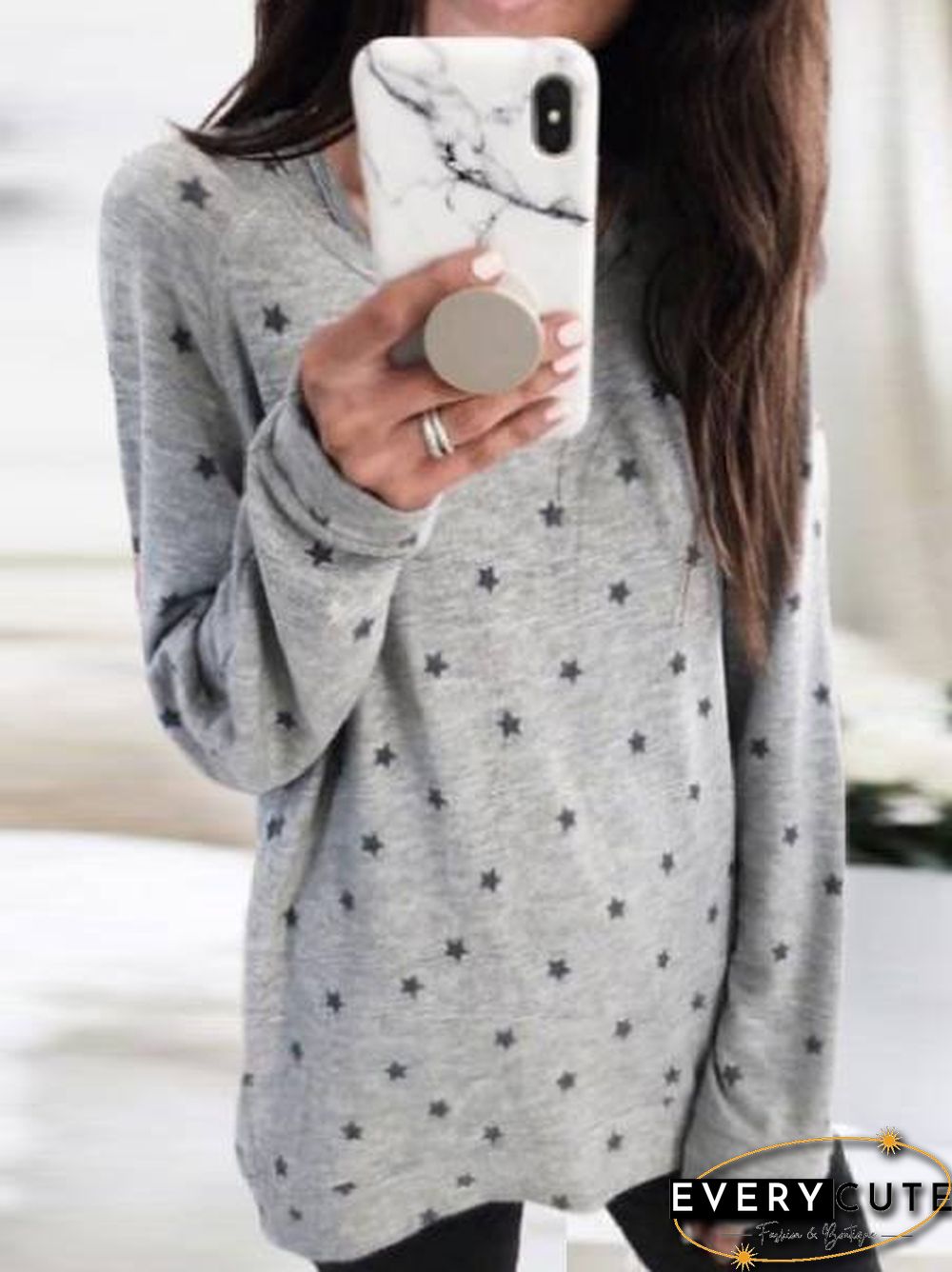 Crew Neck Long Sleeve Polka Dots Shirts & Tops
