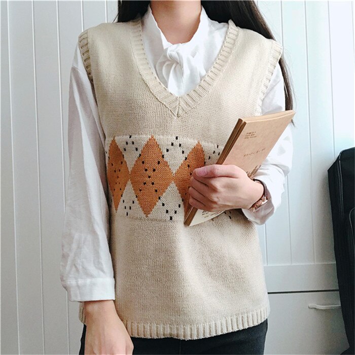 Women Sweater Vest Autumn Vintage Geometric Argyle V Neck Knitted Jumper Tank Tops
