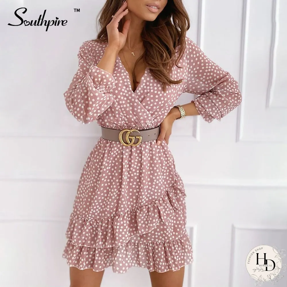Southpyre Sexy V-Neck Pink Polka Dot Mini Dress Womens Long Sleeve Ruffle Elegant Party