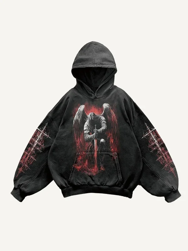 Art Figure&sword Print Slant Washed Hoodie