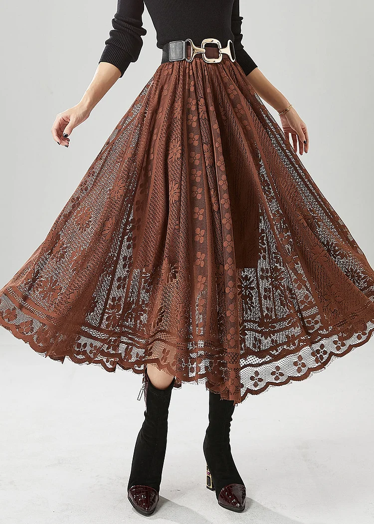 Women Coffee Hollow Out Exra Large Hem Lace Skirts Fall
