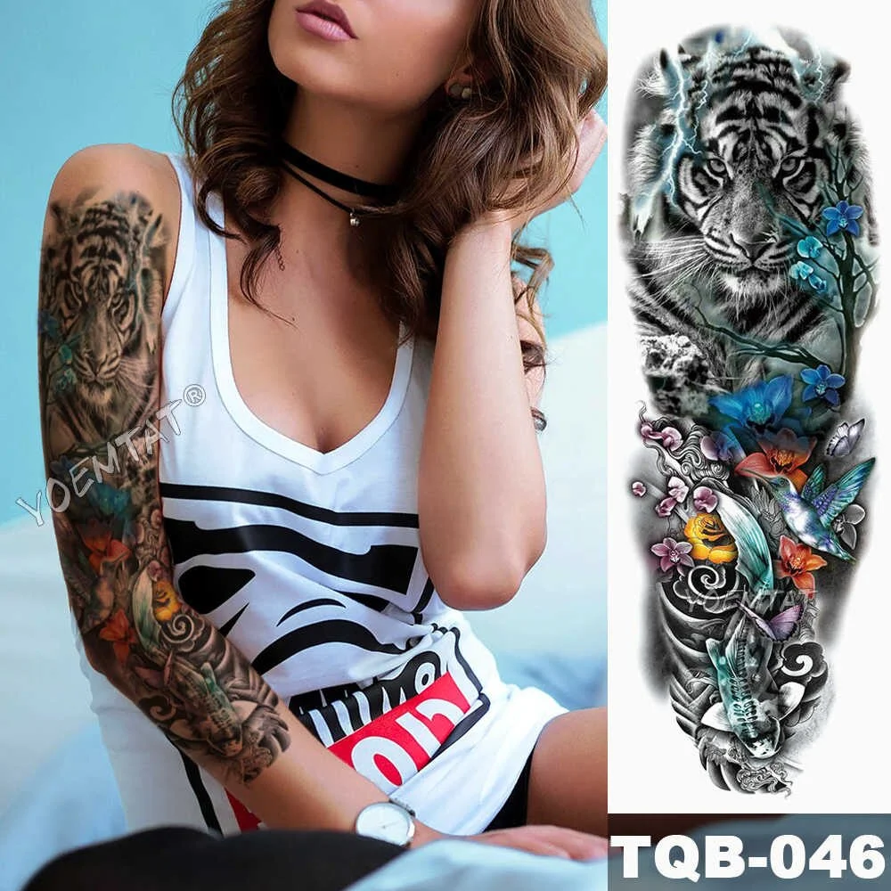 Sdrawing Arm Sleeve Tattoo Lion Crown King Rose Waterproof Temporary Tattoo Sticker Wild Wolf Tiger Men Full Skull Totem Tattoo