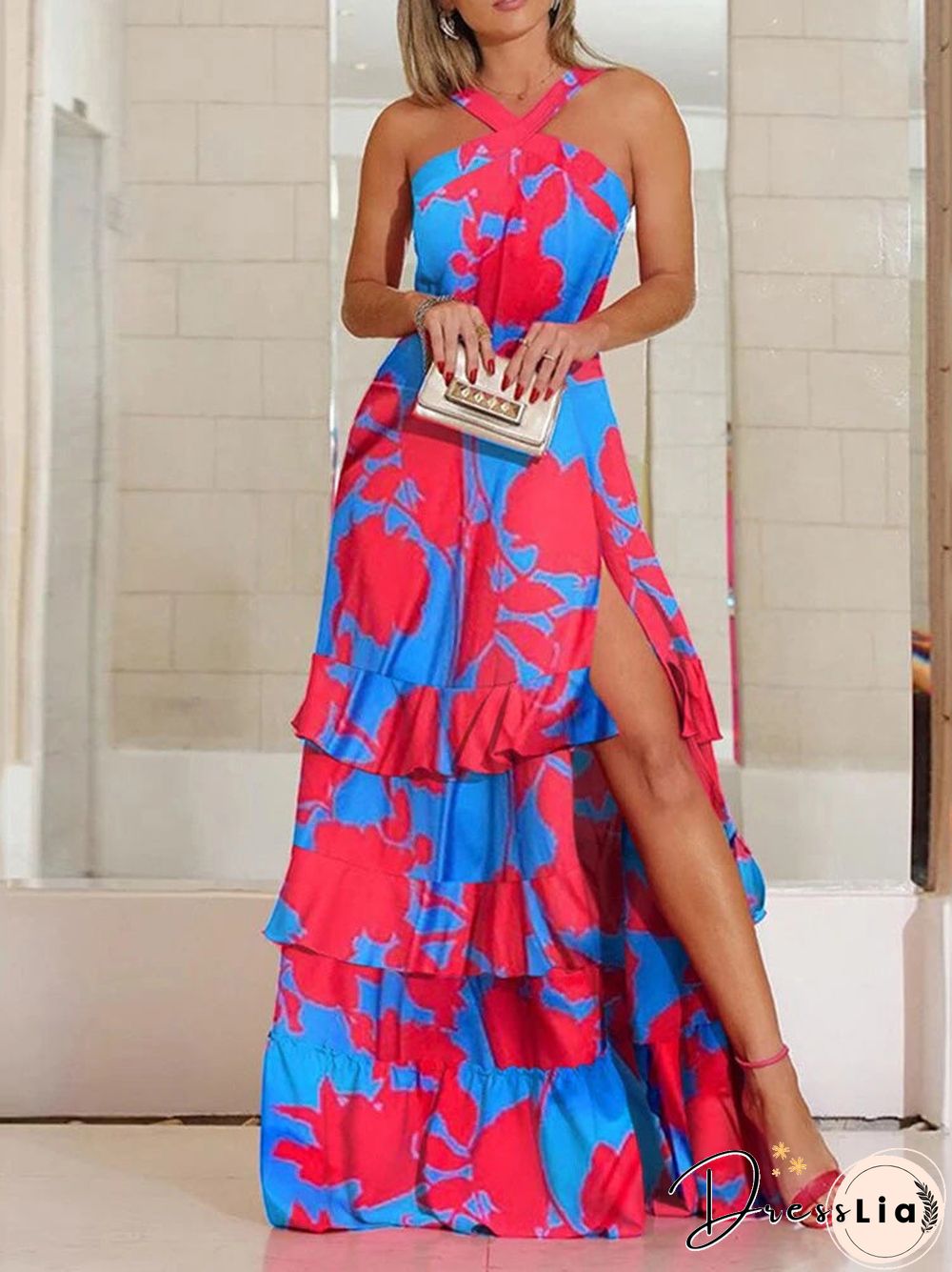 Women'S Dresses Halter Print Sleeveless Ruffle Slit Dress