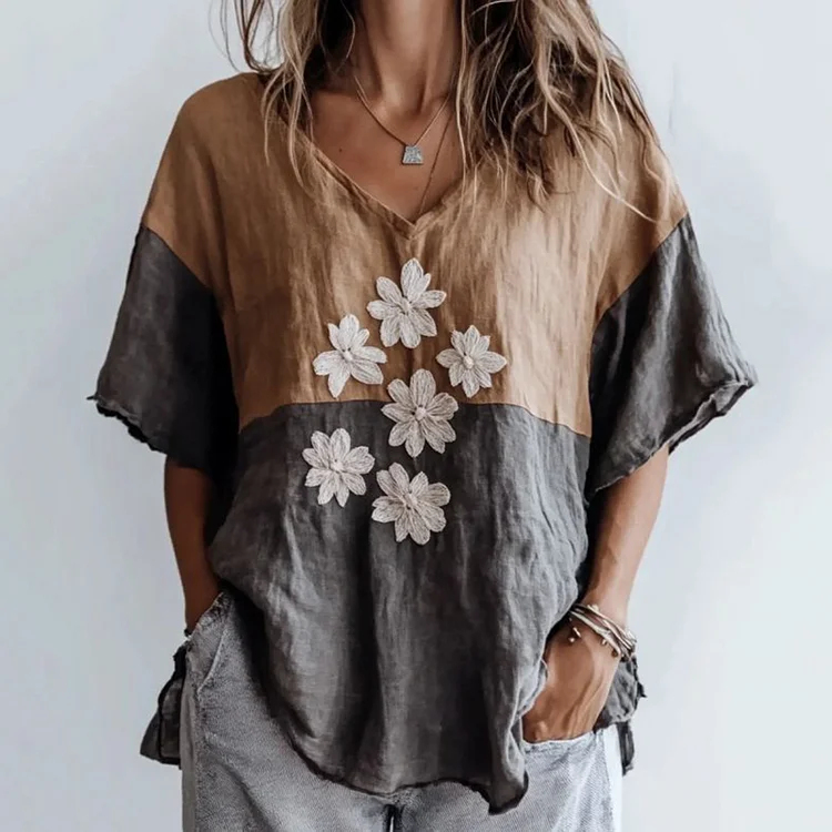 Utbros Vintage Floral Patchwork Color Block Art Comfy Shirt