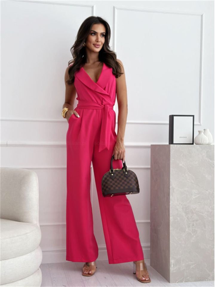 Women's New High-waisted Waist V-neck Tie Solid Color Jumpsuit Pants