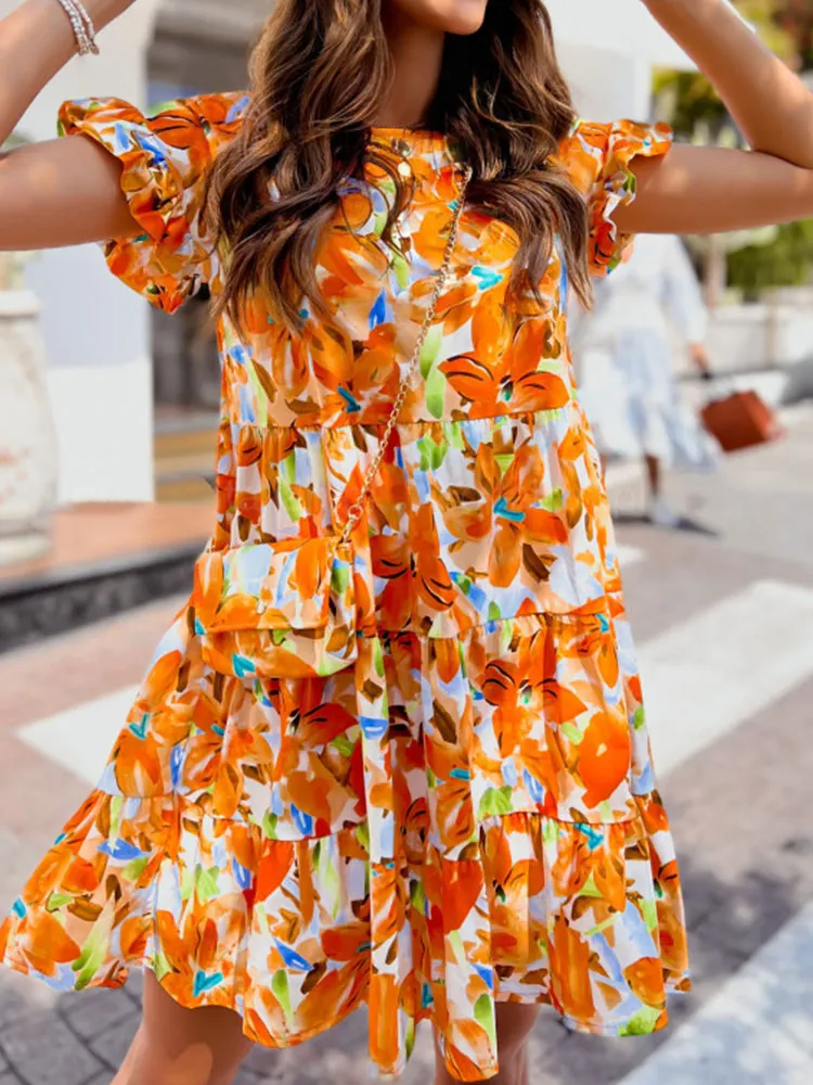 Summer Women Short Sleeve Ruffle Mini Dress Fashion Floral Prints A Line Ladies Casual