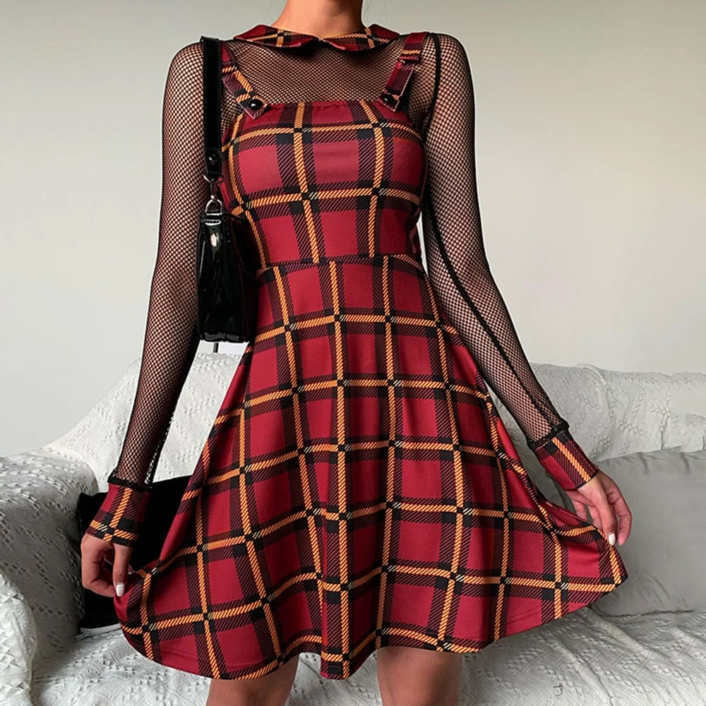 Rosetic Devil Cross Rivet Gothic Plaid Dress Women Summer New Lace Punk Short Dresses 2020 Casual Vintage Mini Red Lolita Girl