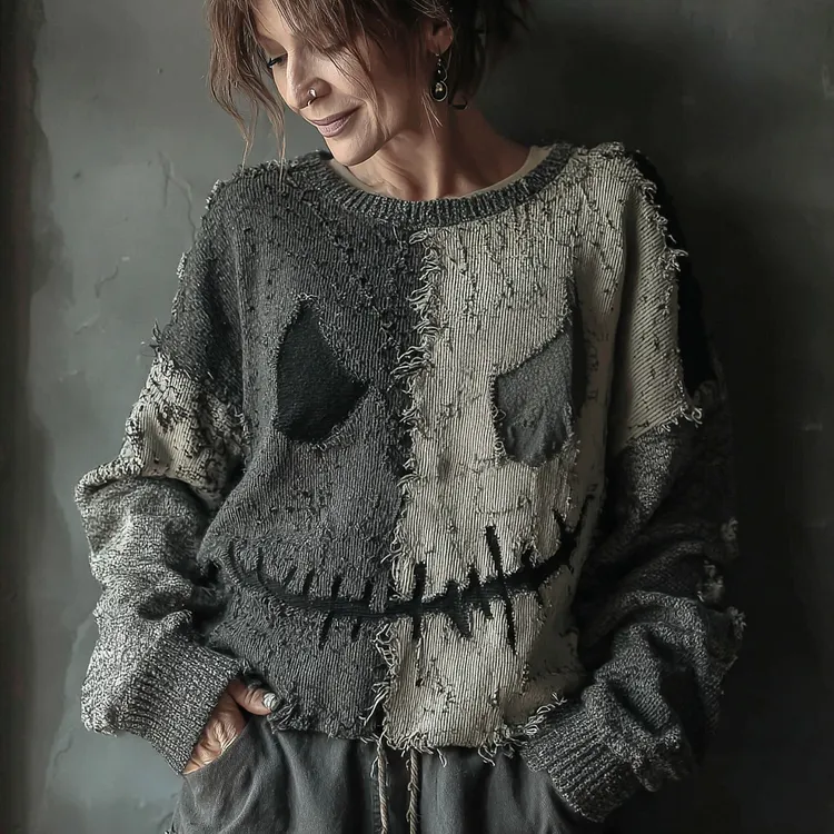 Halloween Spooky Face Sewn Knitted Crew Neck Sweater