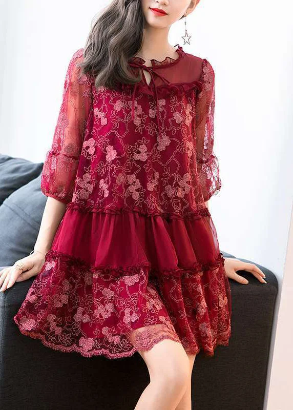 Red Patchwork Chiffon Mid Dress Embroidered Ruffled Summer
