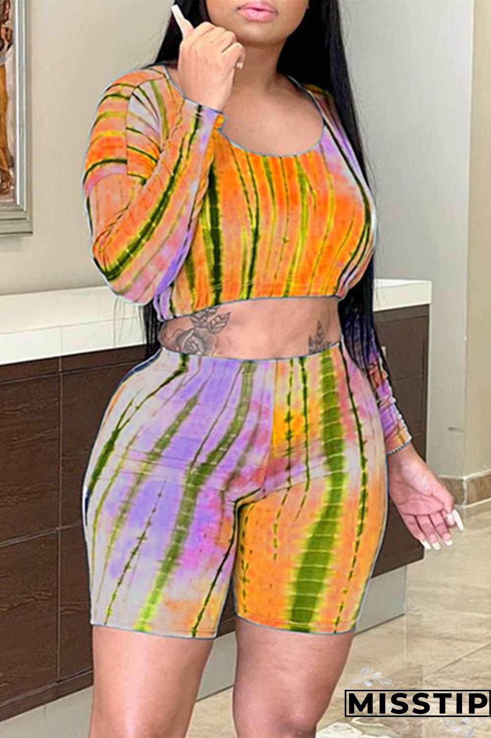 Light Blue Fashion Casual Print Tie-dye O Neck Long Sleeve Two Pieces