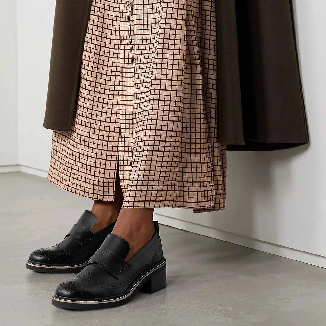 Black Slip-On Hollowed Round Toe Womens Loafers with Block Heel