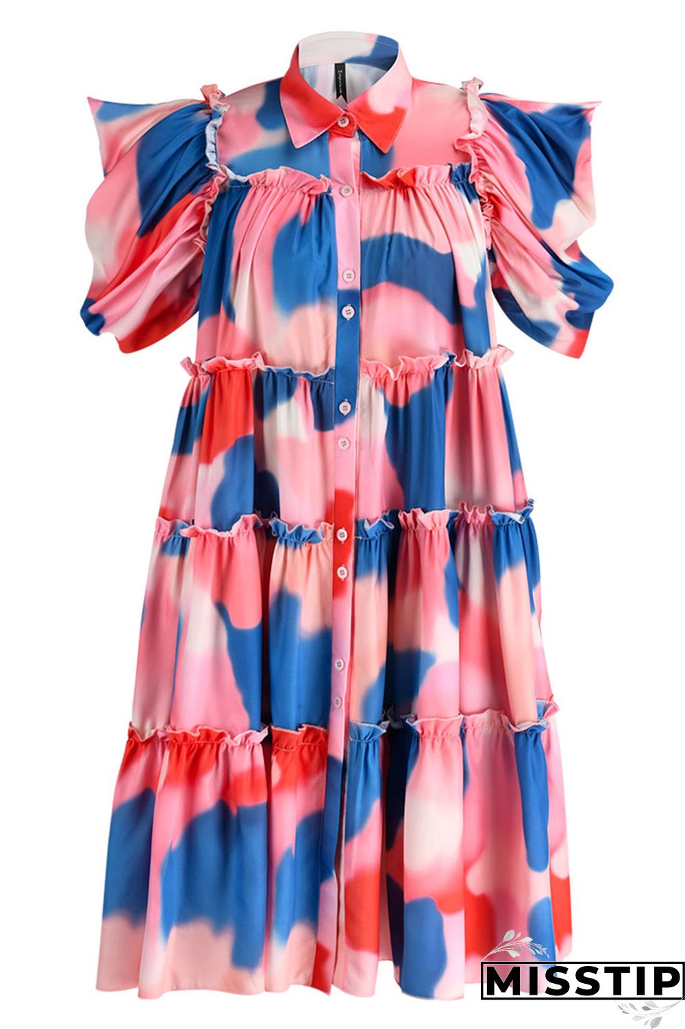 Pink Fashion Casual Print Patchwork Buckle Turndown Collar A Line Dresses