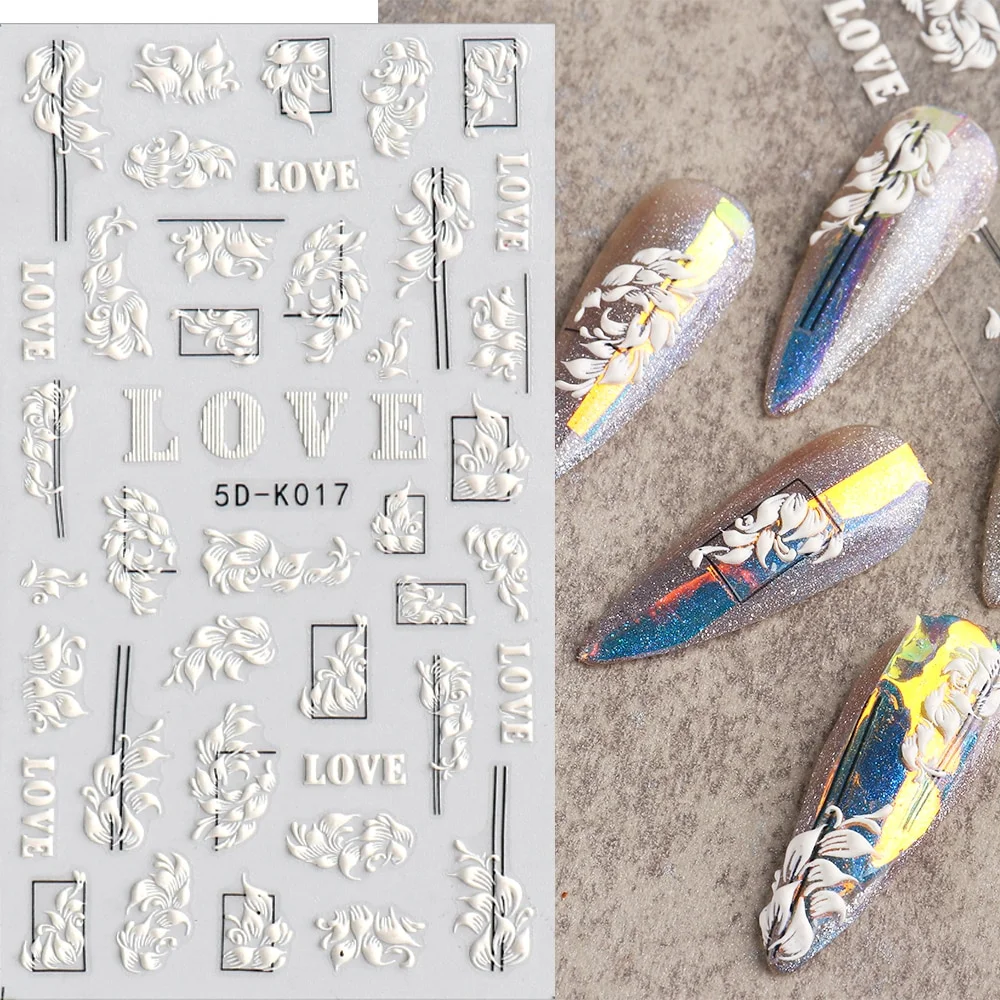 Churchf Nail Stickers Flowers Geometric Lines Decor Acrylic Embossed Sliders Gold Frame Nail Decals Cherry Blossom Manicure GLJI-5D05-Nail Inspo