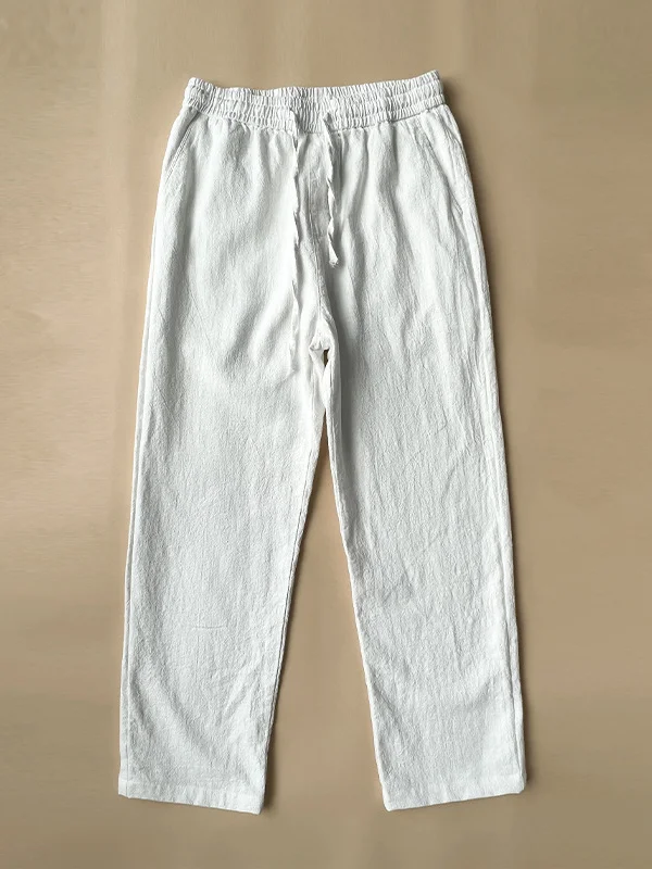 Men's Casual Solid Slant Pocket Elastic Waist Drawstring Straight-Leg Cotton Pants