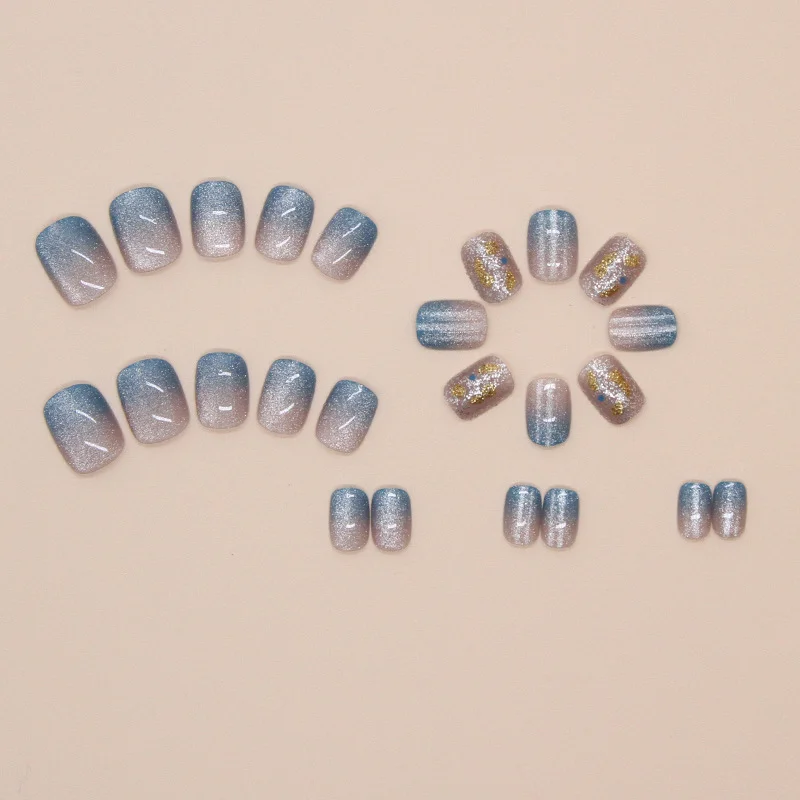 Churchf Churchf Nails Cat Eye Wearing Armor Blue Removable Beauty Nail Piece Simple Nail Patch 24 Pieces