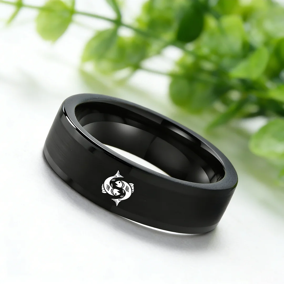 Pisces Tungsten Carbide Rings Black Flat Wedding Bands Comfort Fit Mens and Womens 4MM 6MM 8MM