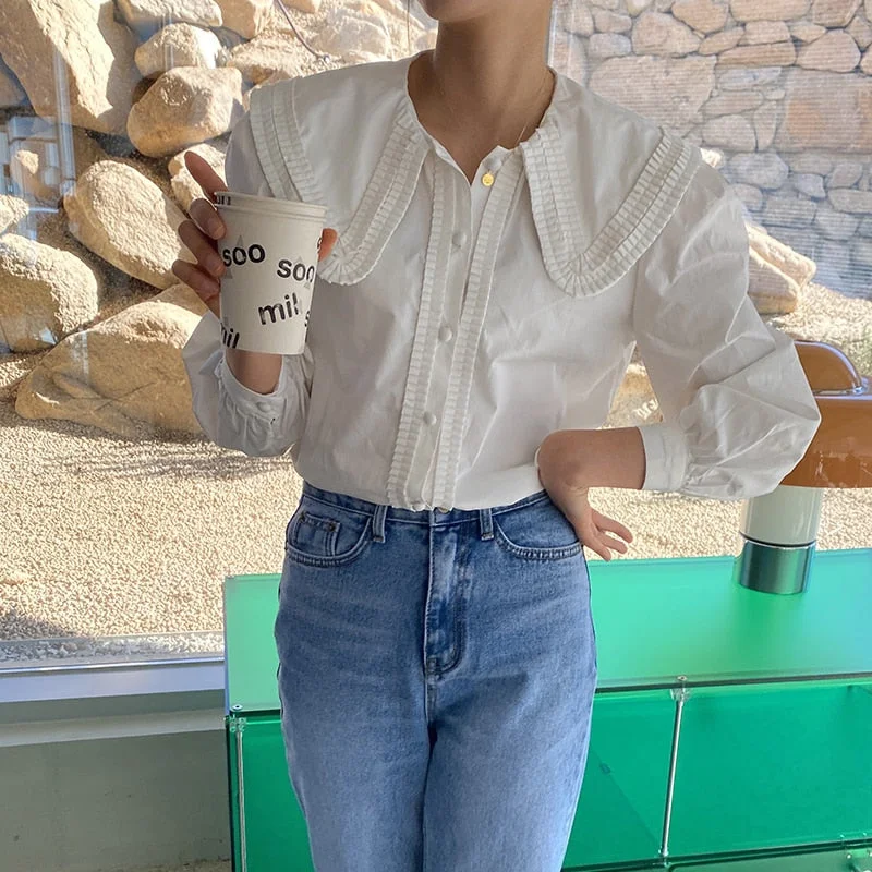 Vintage Puff Long Sleeve Women's White Shirt Turn-Down Collar Loose Woman Blouses Tops Spring New OL Office Shirt Blusas 13792