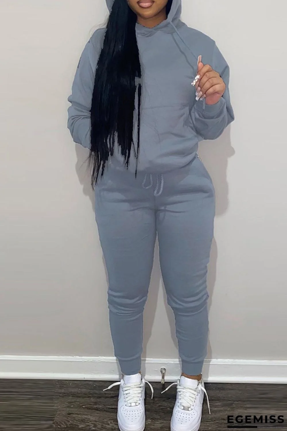 Tibetan Blue Fashion Casual Solid Basic Hooded Collar Long Sleeve Two Pieces | EGEMISS