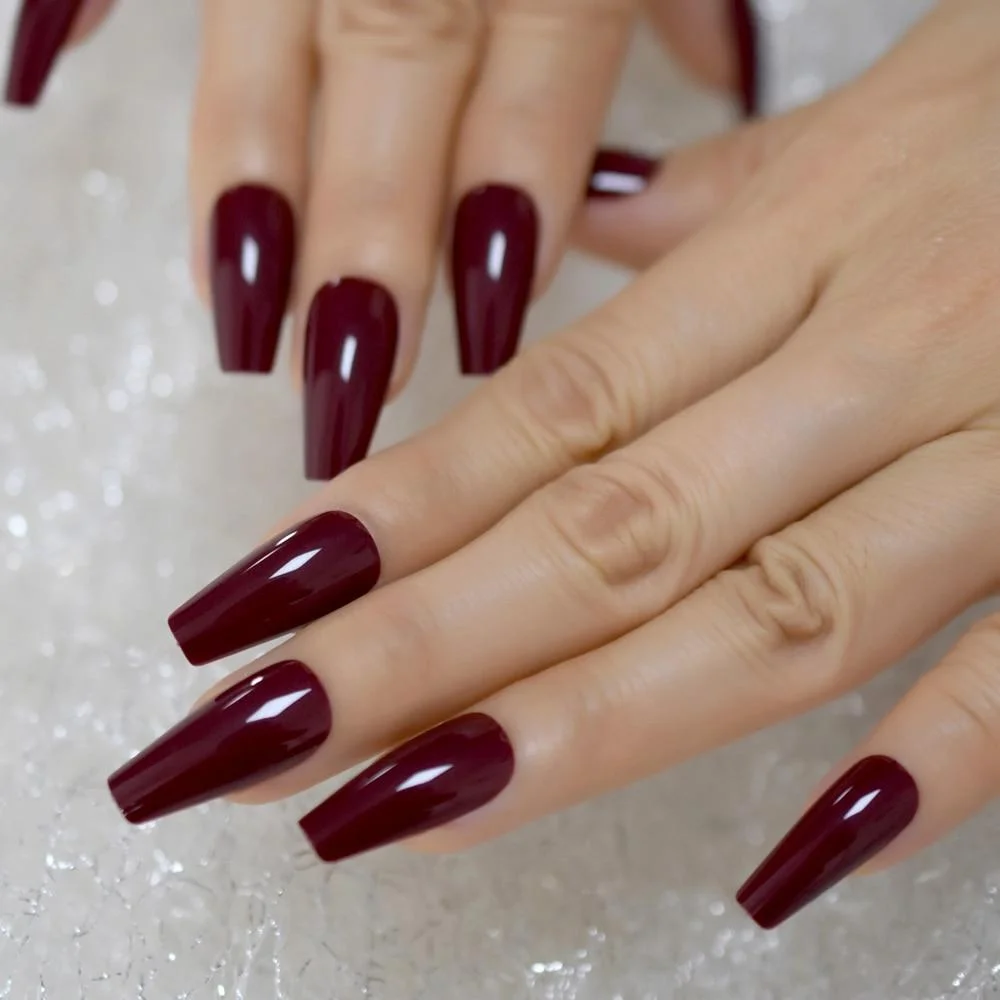 Tapered Coffin Nails Long Size Square Maroon Dark Red Acrylic Artificial False Nails Manicure Tips 24 CT 1113