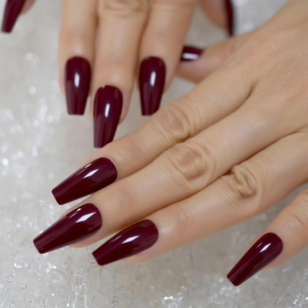 Tapered Coffin Nails Long Size Square Maroon Dark Red Acrylic Artificial False Nails Manicure Tips 24 CT 1108-1