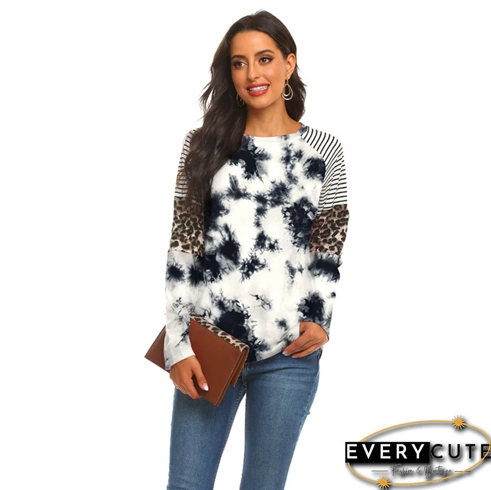 Black Tie Dye Splice Stripes and Leopard Long Sleeve Top