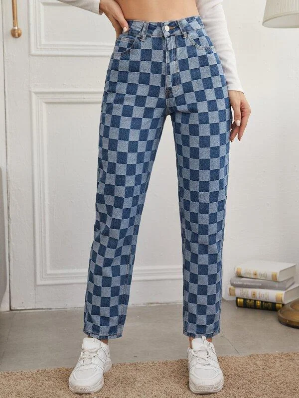 High Waist Checkered Straight Jeans