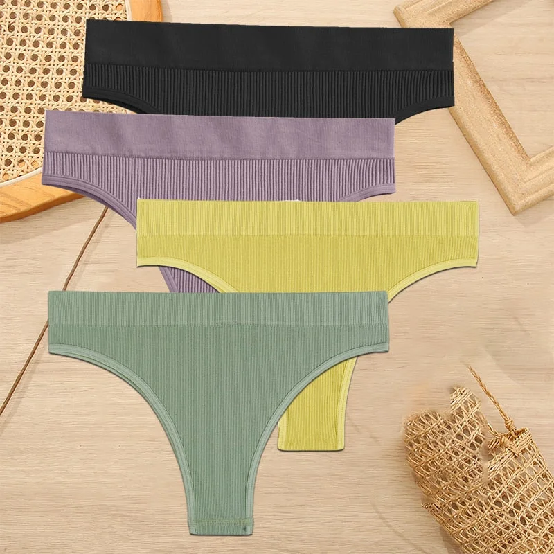FINETOO 4PCS/Set Women Seamless Pantys Girls Thongs High Waisted Soft Woman Briefs 10 Solid Colors S-XL Sexy Underpant For Women