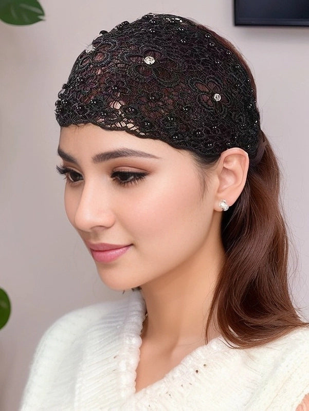 Women’s Casual Flower Cloth Hollow Out Inlay Rhinestones Pearl Hair Band