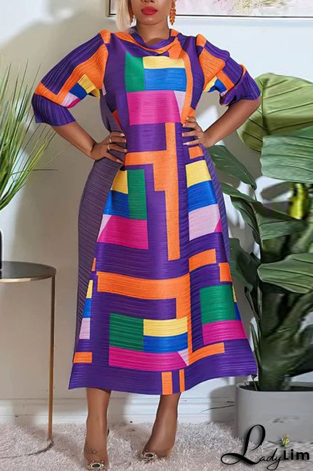 Light Coffee Street Geometric Print Patchwork O Neck Long Dress Dresses