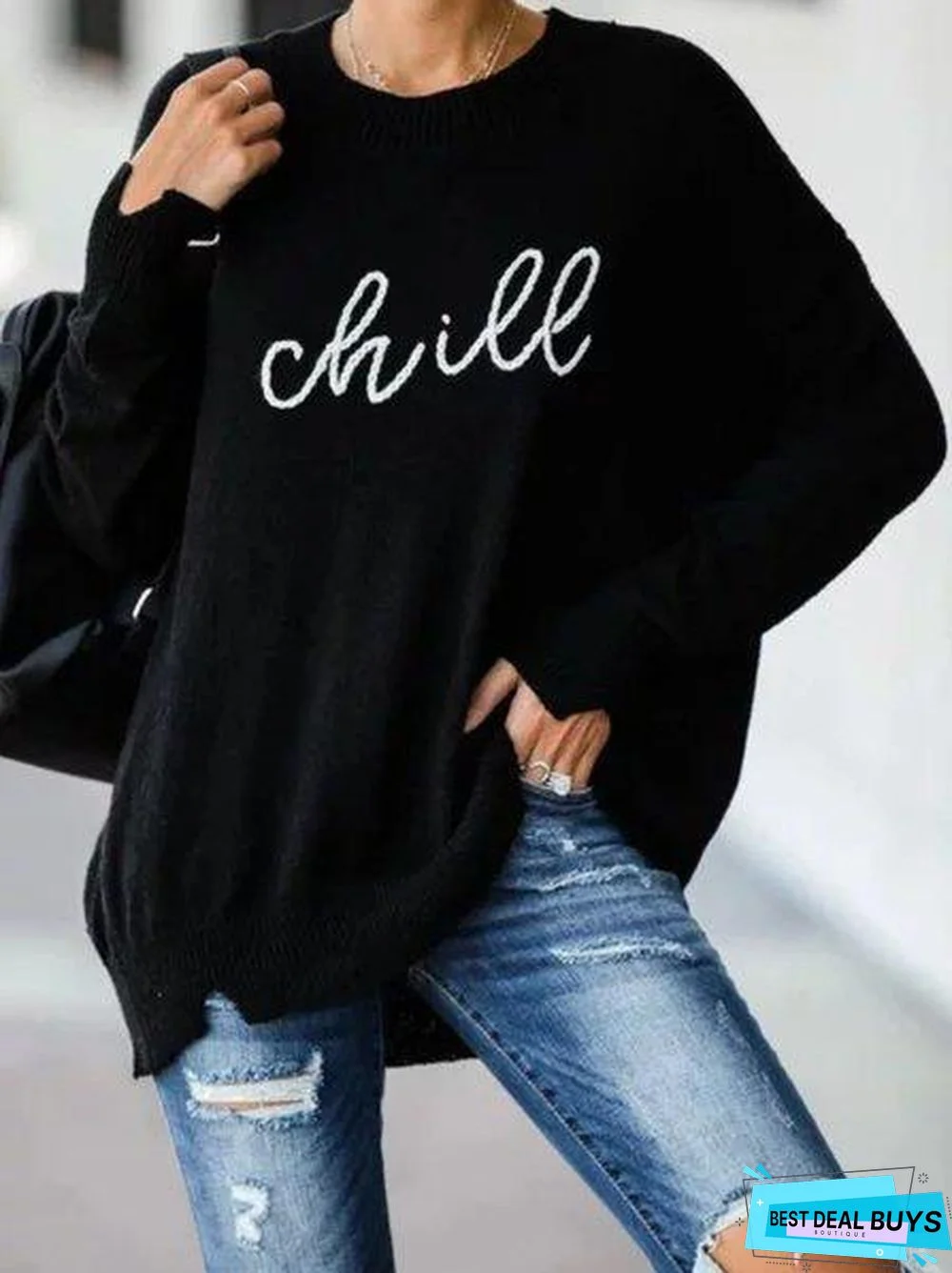 Black Casual Printed Knitted Plus Size Sweater