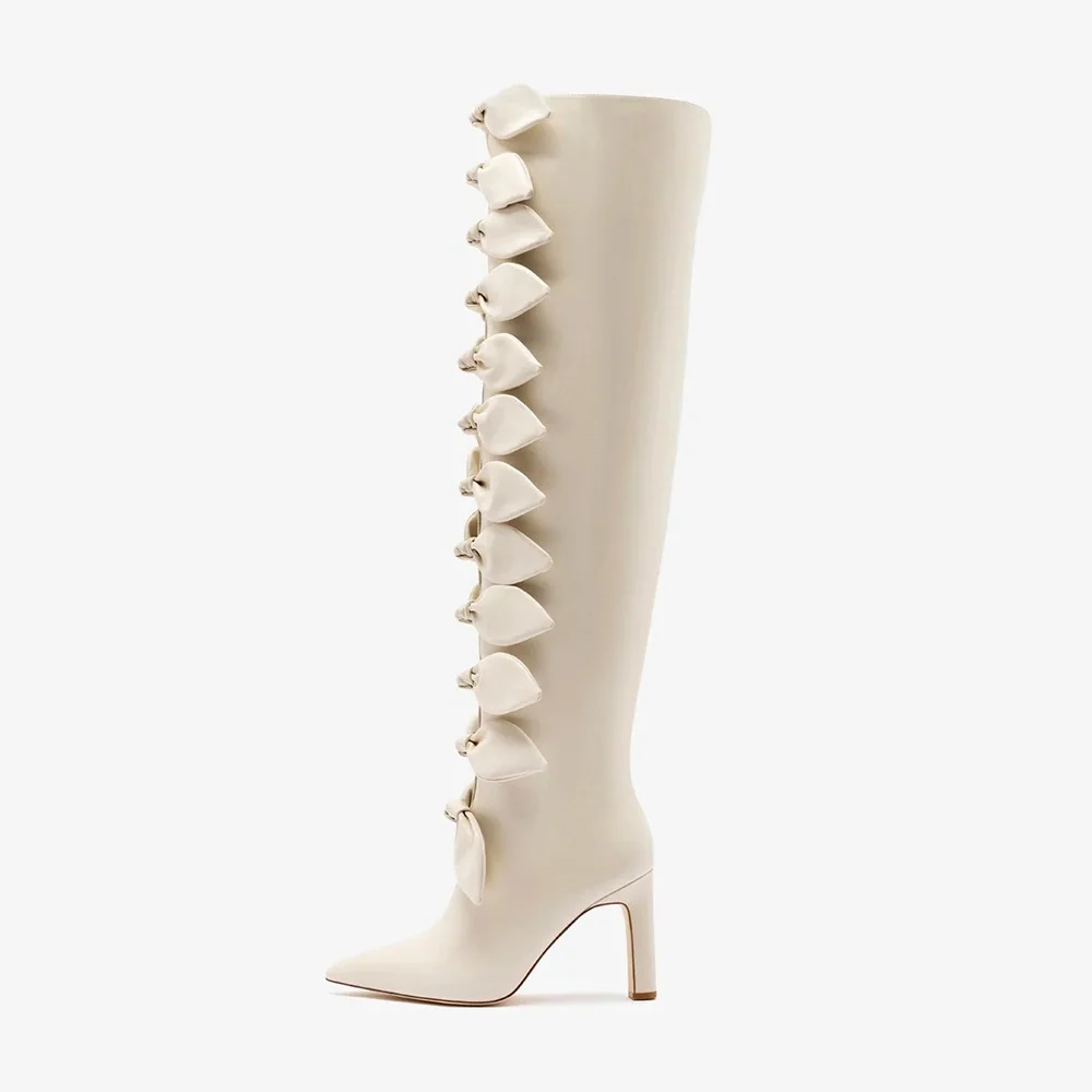 Ivory Pointed Toe Wide Calf Chunky High Heeled Tall Boots with Bows