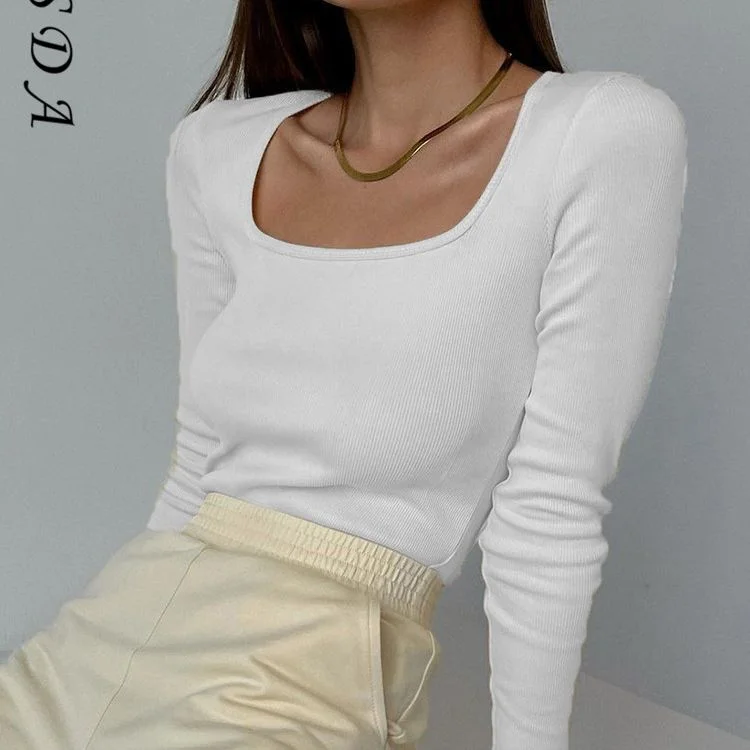 2022 Square Neck Green Long Sleeve T Shirts Women Knitted Autumn Winter Black Basic Ribber White Khaki Top Shirt Casual Y2K