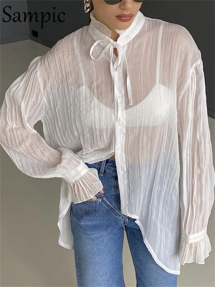 Sampic White Basic Pleated Women Long Loose Blouse Spring Summer 2022 Casual Turtleneck Fashion Club Party Long Sleeve Shirt Top