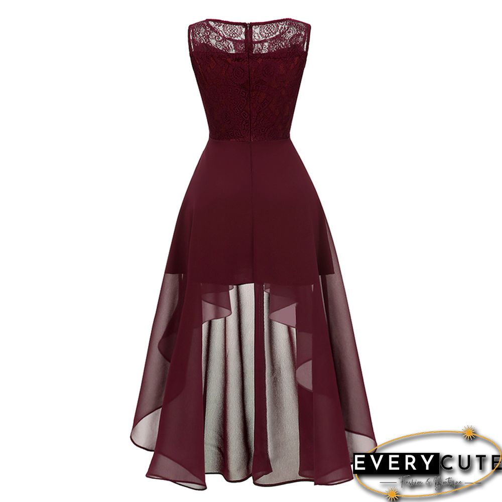 Wine Red Lace Contrast Chiffon Sleeveless Prom Dress