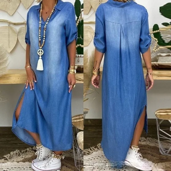 Plus Size Womens Casual Denim Long Maxi Dress Ladies Summer Loose Jeans Sundress