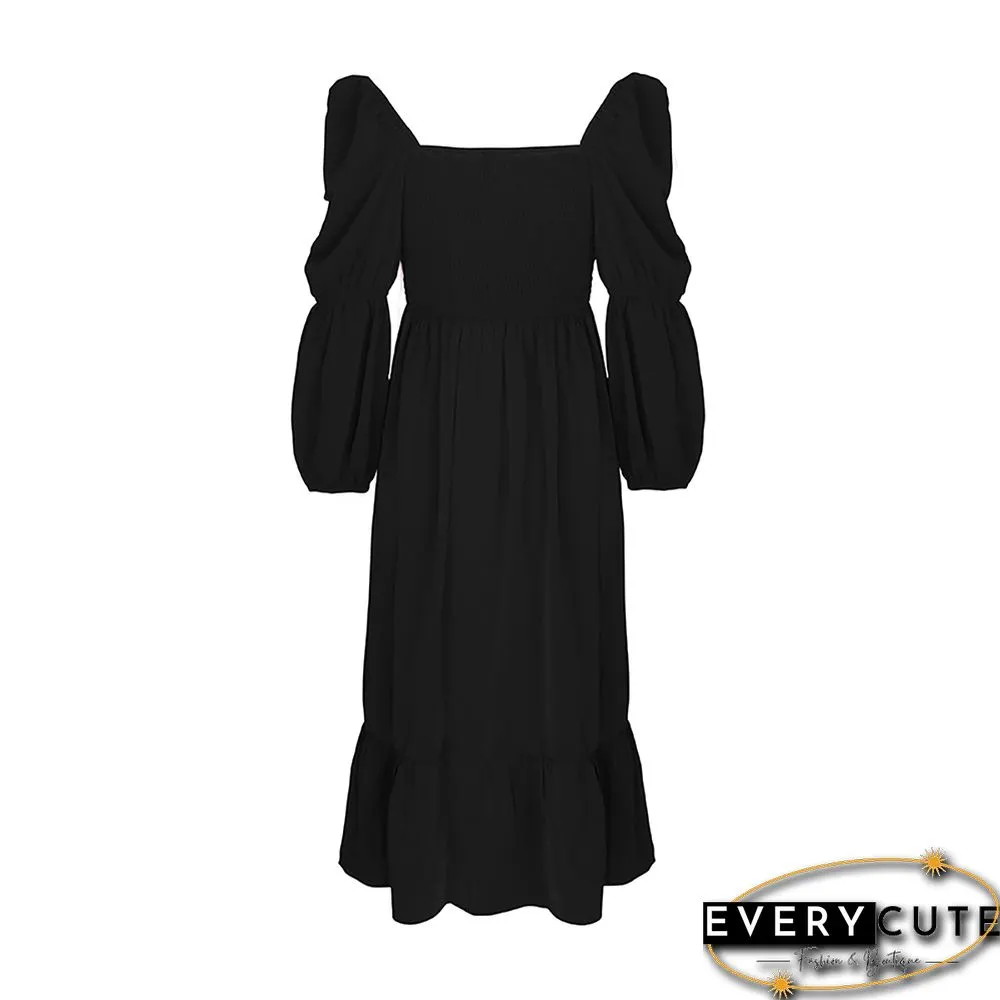Black Square Neck Ruffle Detail Long Sleeve Dress
