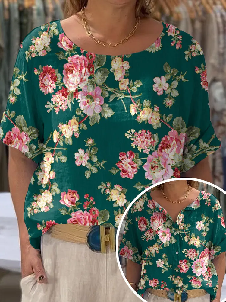 Women's Vintage Lovely Floral Art Print Front And Back Wear Short Sleeve Cotton Shirt