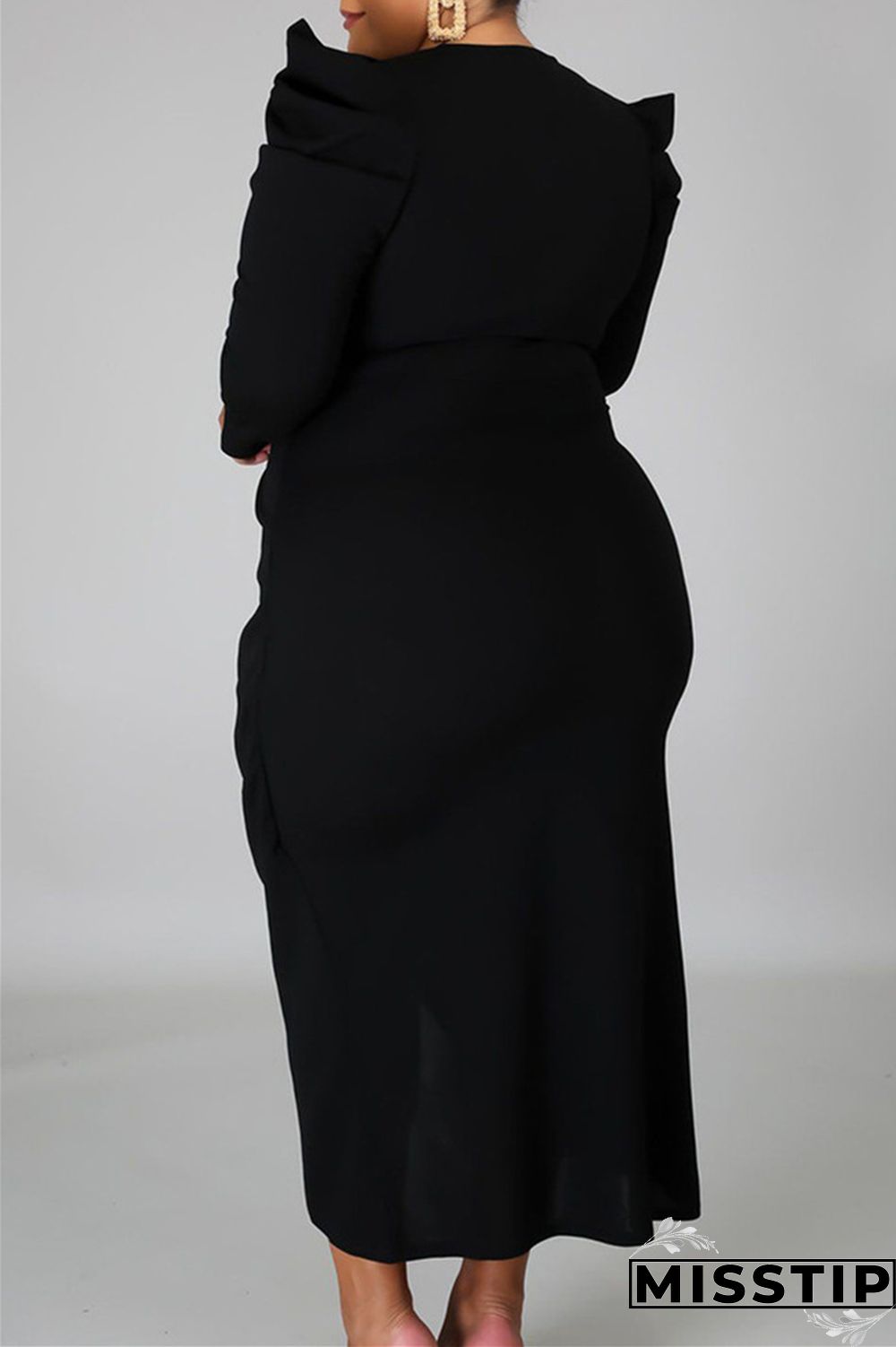 Black Fashion Casual Solid Patchwork V Neck Long Sleeve Plus Size Dresses