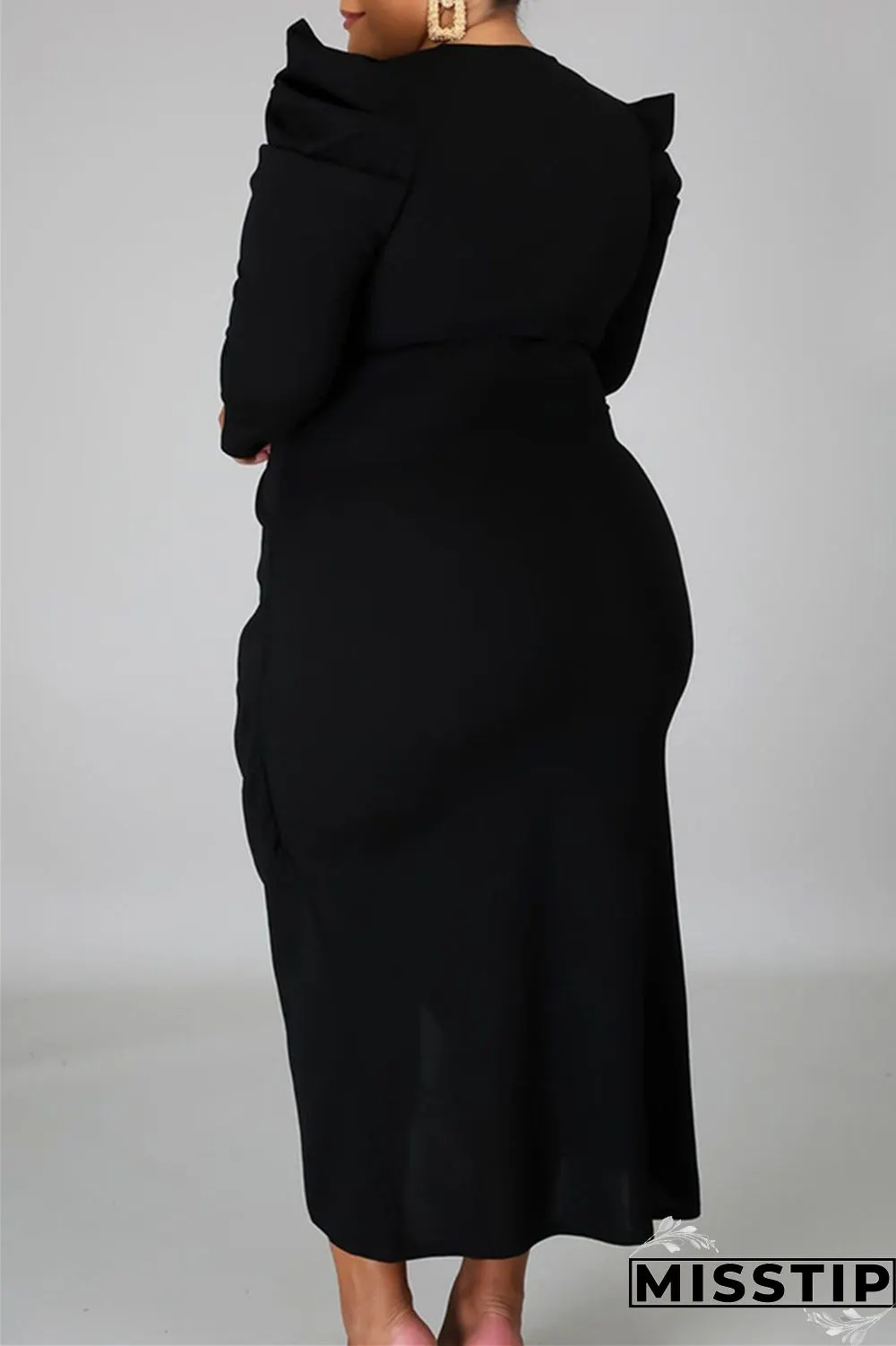 Black Fashion Casual Solid Patchwork V Neck Long Sleeve Plus Size Dresses