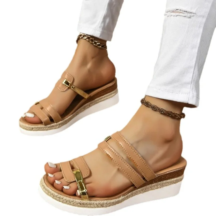 Yyvonne New Large-Size Women's Cool Slippers Summer Bundrel Heels Roman Shoes Women's Thick-Soled Loose Shoes